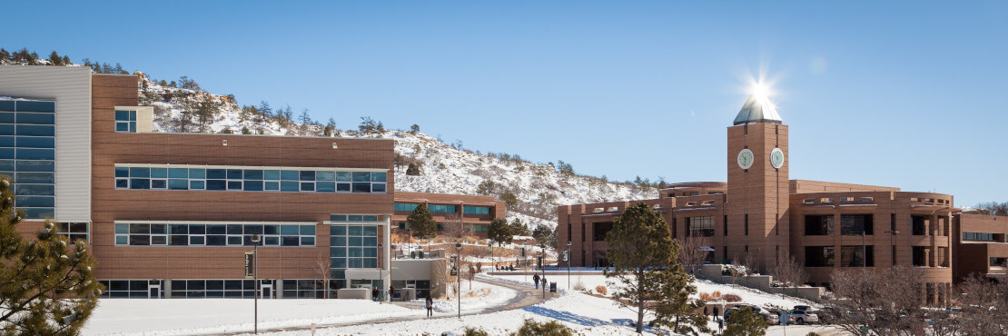 A panoramic shot of El Pomar Center and Osborne Center during winter. Photo by Jeffrey M Foster