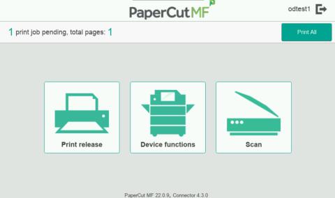 PaperCut embedded printer main menu