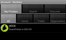 The printer now shows up in the My Printers list and may be used by the app.  Return to the home screen to select the item to be printed.